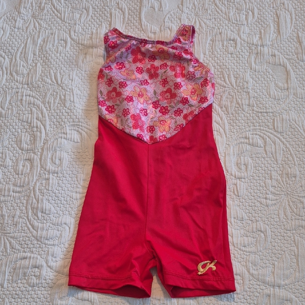 GK child Medium floral top solid red bottom, dance, gymnastics VGUC